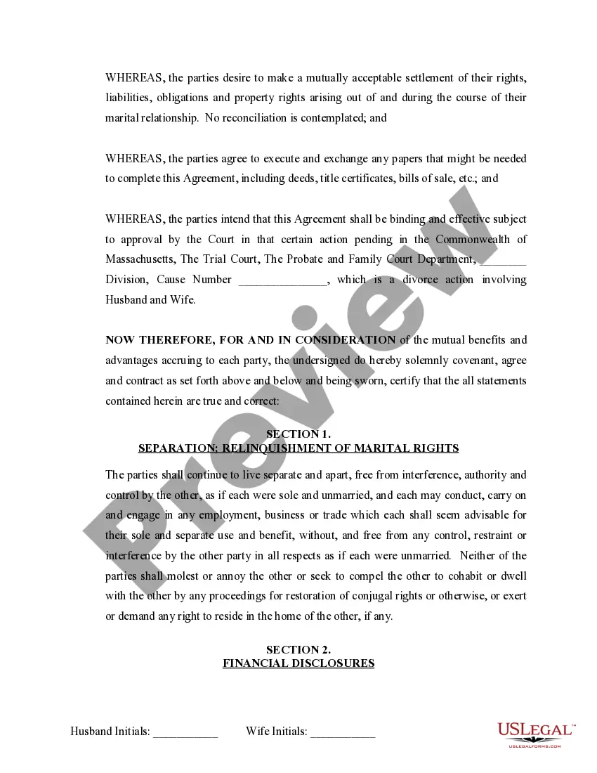 Preview Marital Domestic Separation and Property Settlement Agreement no Children parties may have Joint Property or Debts where Divorce Action Filed