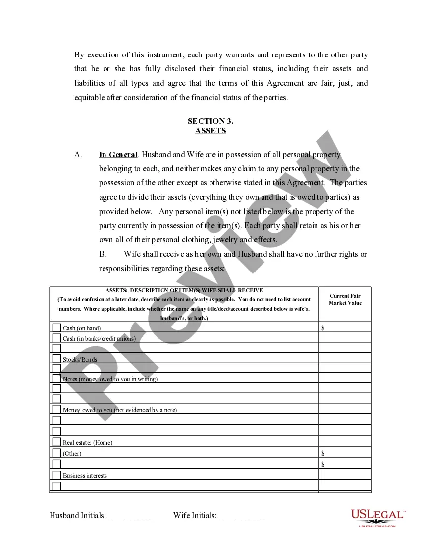 Preview Marital Domestic Separation and Property Settlement Agreement no Children parties may have Joint Property or Debts where Divorce Action Filed