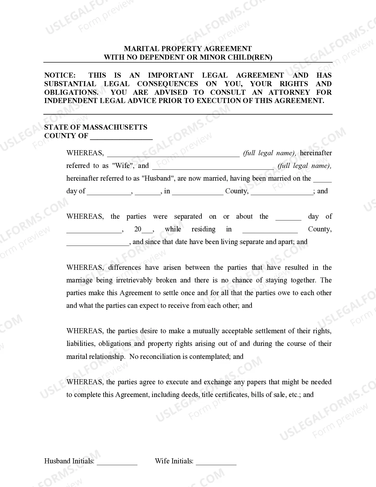Preview Marital Domestic Separation and Property Settlement Agreement no Children parties may have Joint Property or Debts Effective Immediately