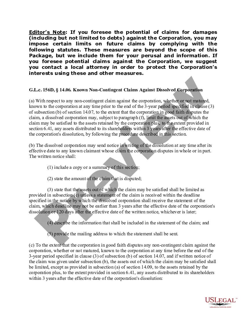 Get Massachusetts Dissolution Package to Dissolve Corporation Preview Massachusetts Dissolution Package to Dissolve Corporation