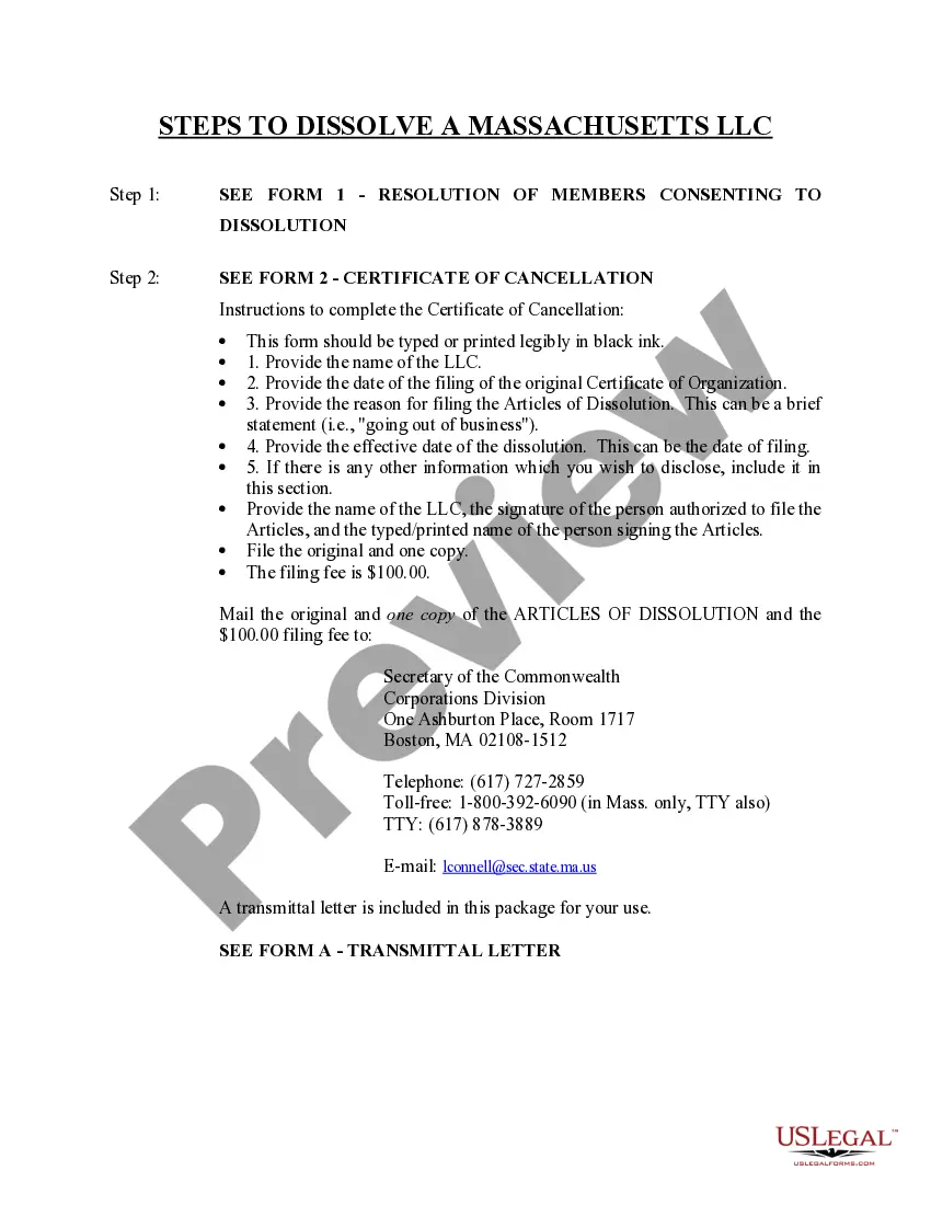 Get Massachusetts Dissolution Package to Dissolve Limited Liability Company LLC Preview Massachusetts Dissolution Package to Dissolve Limited Liability Company LLC
