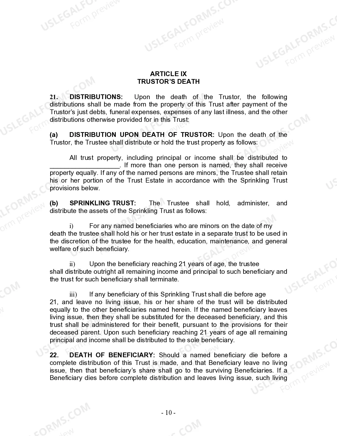 Preview Living Trust for Individual Who is Single, Divorced or Widow (or Widower) with No Children