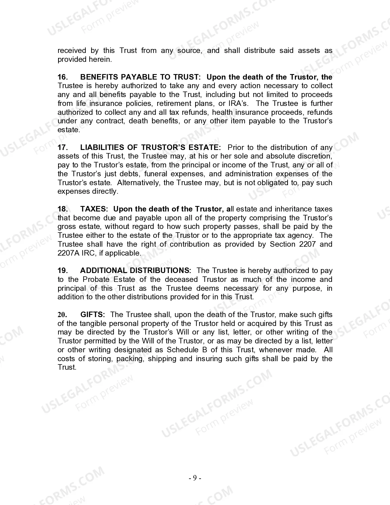 Preview Living Trust for Individual Who is Single, Divorced or Widow (or Widower) with No Children