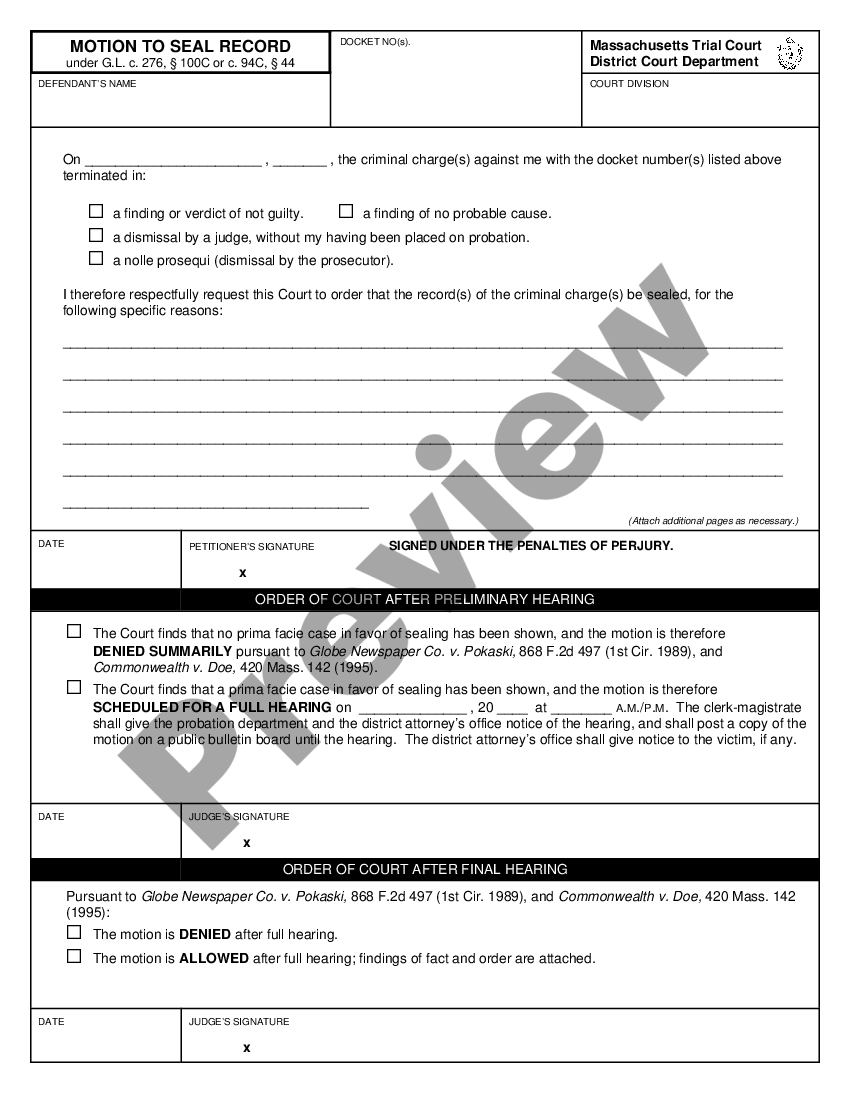 Massachusetts Motion and Order to Seal Criminal Records US Legal Forms