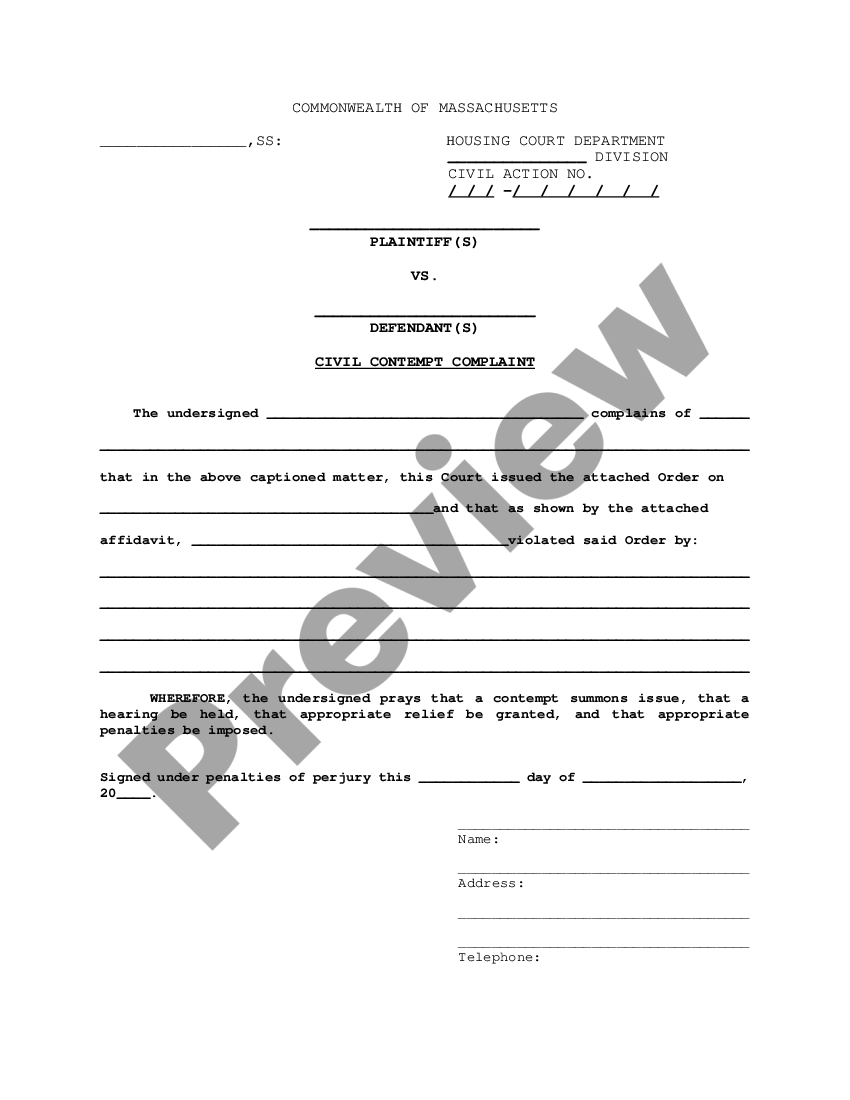 Massachusetts Civil Contempt Complaint Civil Complaint Form US   1 