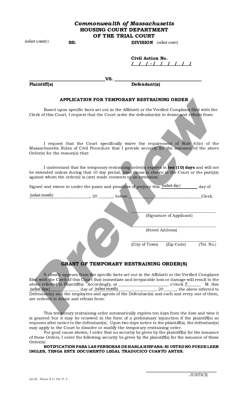 Boston Massachusetts Application For Temporary Restraining Order Restraining Order Form Us 1404