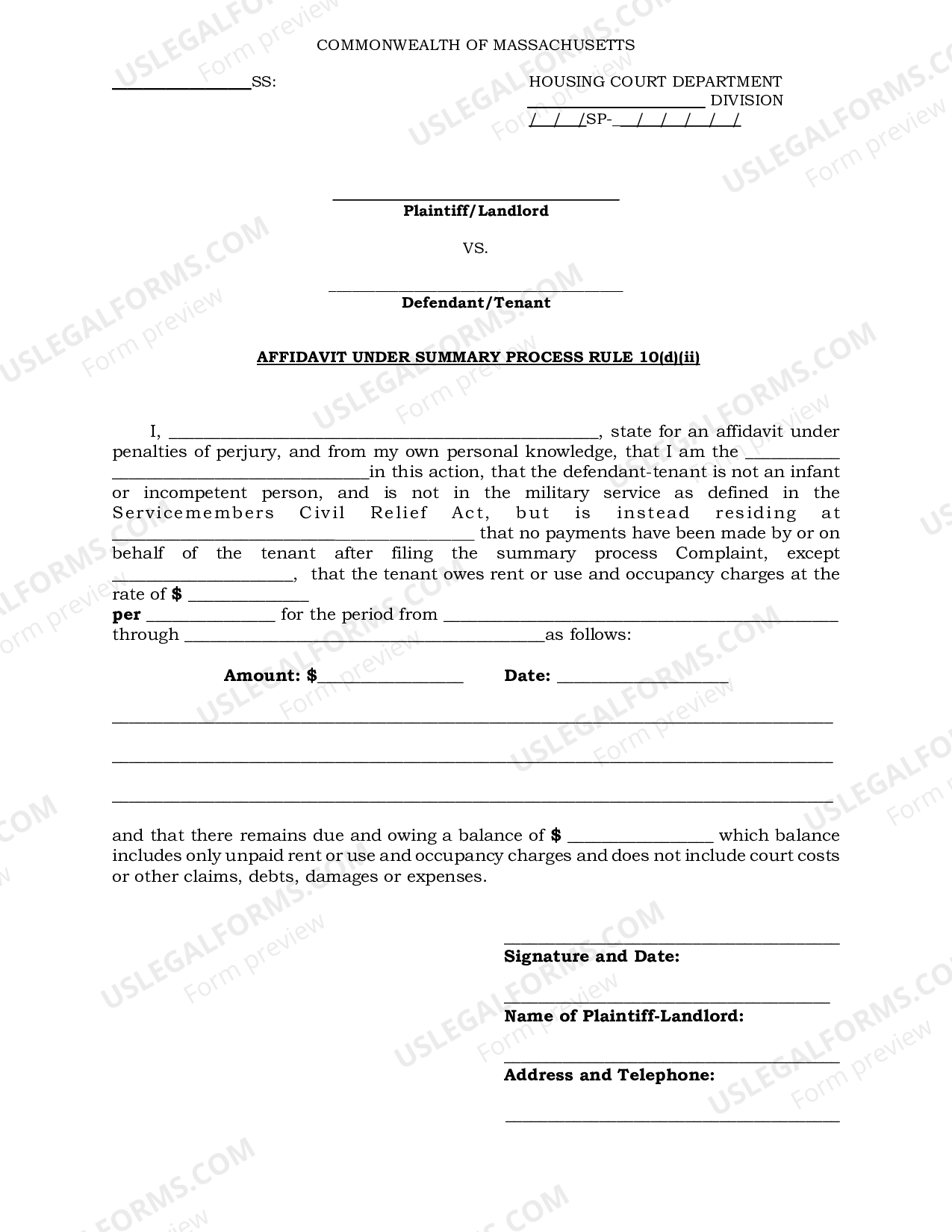 Massachusetts Affidavit Under Summary Process Rule 10D Rule 10
