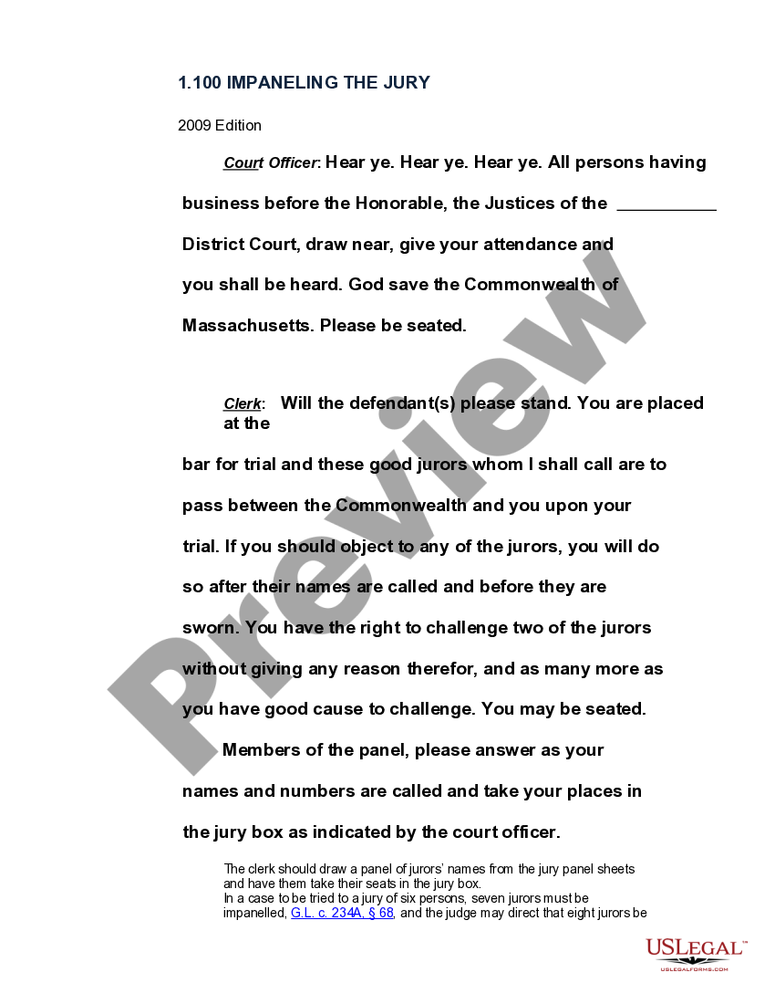 Massachusetts Impaneling the Jury Jun 1995 US Legal Forms