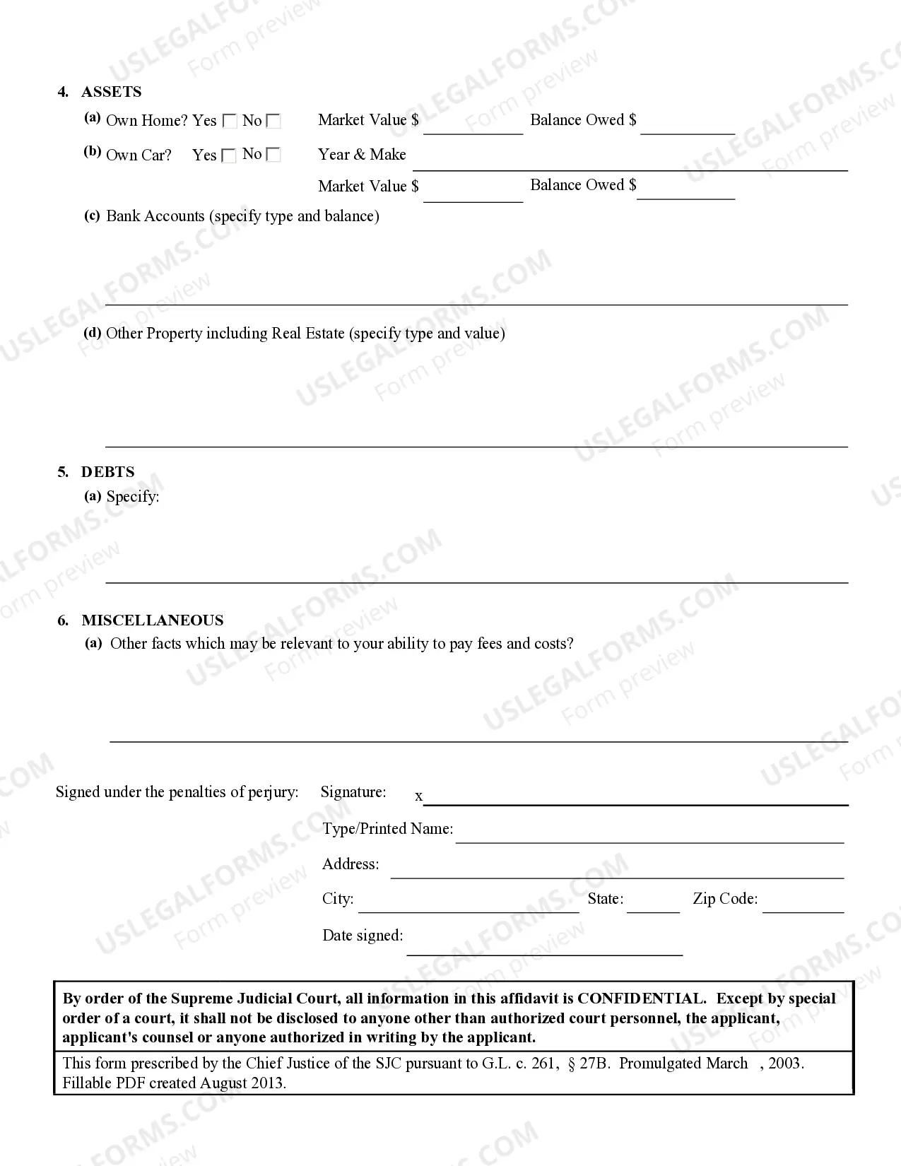 Preview Supplement to Affidavit of Indigency - In Forma Pauperis