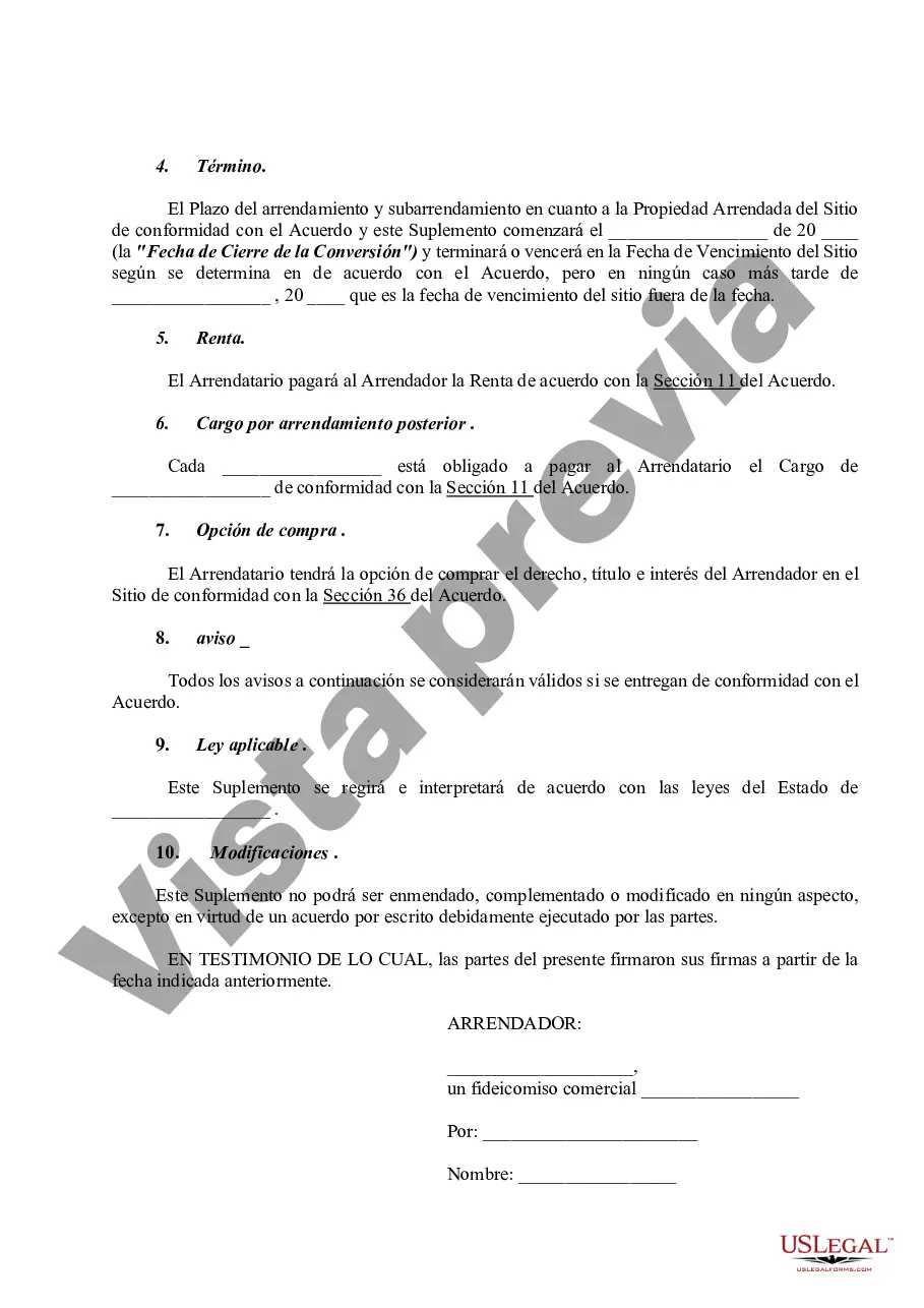 Preview Suplemento de designación del sitio del contrato principal de arrendamiento y subarrendamiento