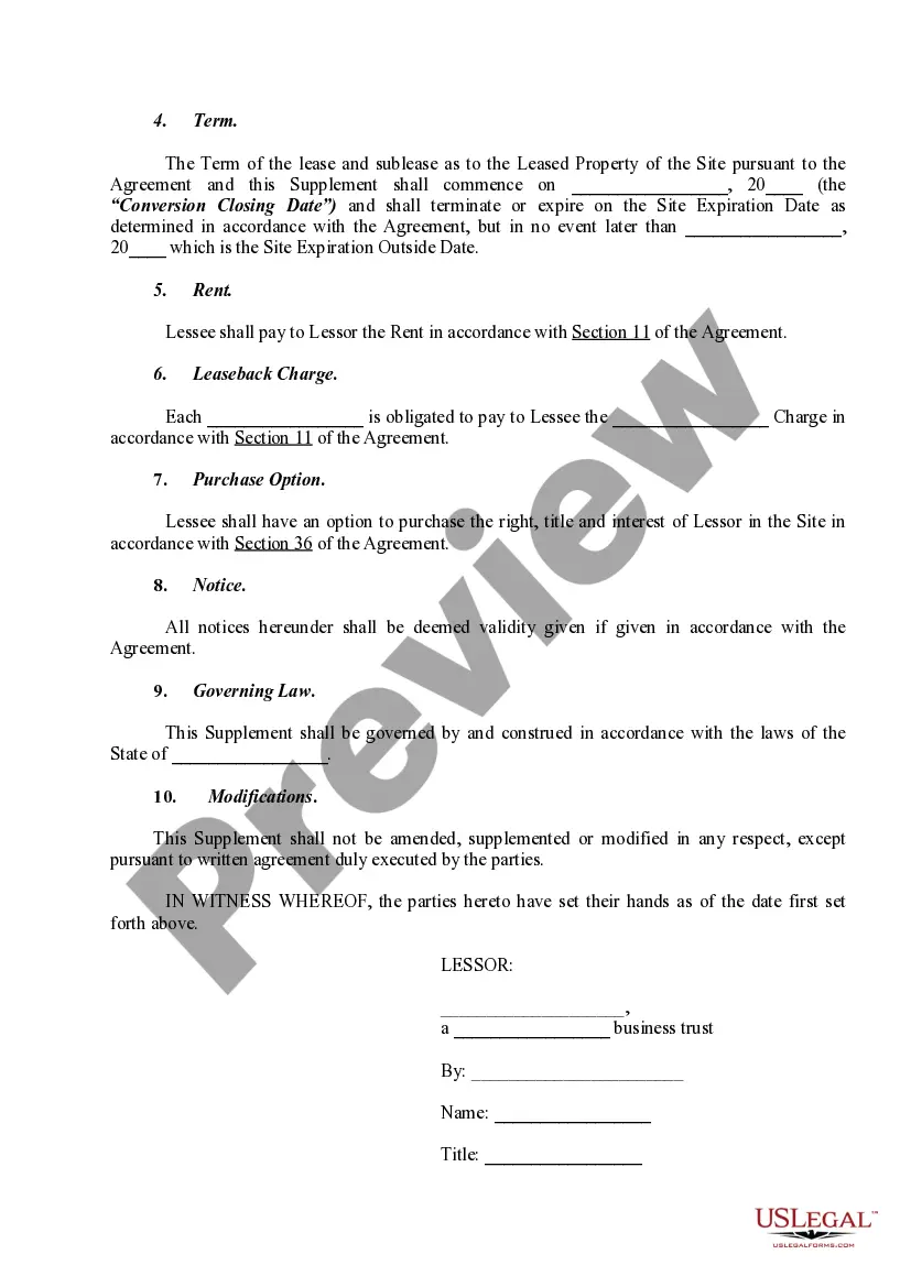 Preview Site Designation Supplement to Master Lease and Sublease Agreement