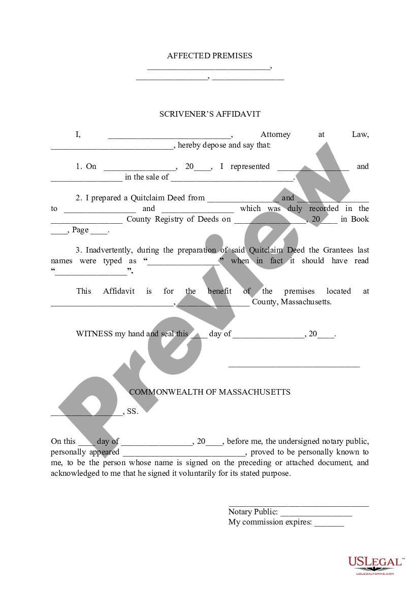 Middlesex Massachusetts Scriveners Affidavit Scriveners Affidavit Massachusetts Us Legal Forms 1057