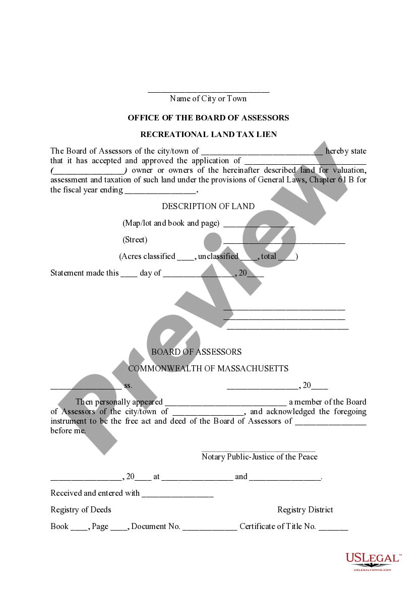 Massachusetts Recreational Land Tax Lien Ma Lien US Legal Forms