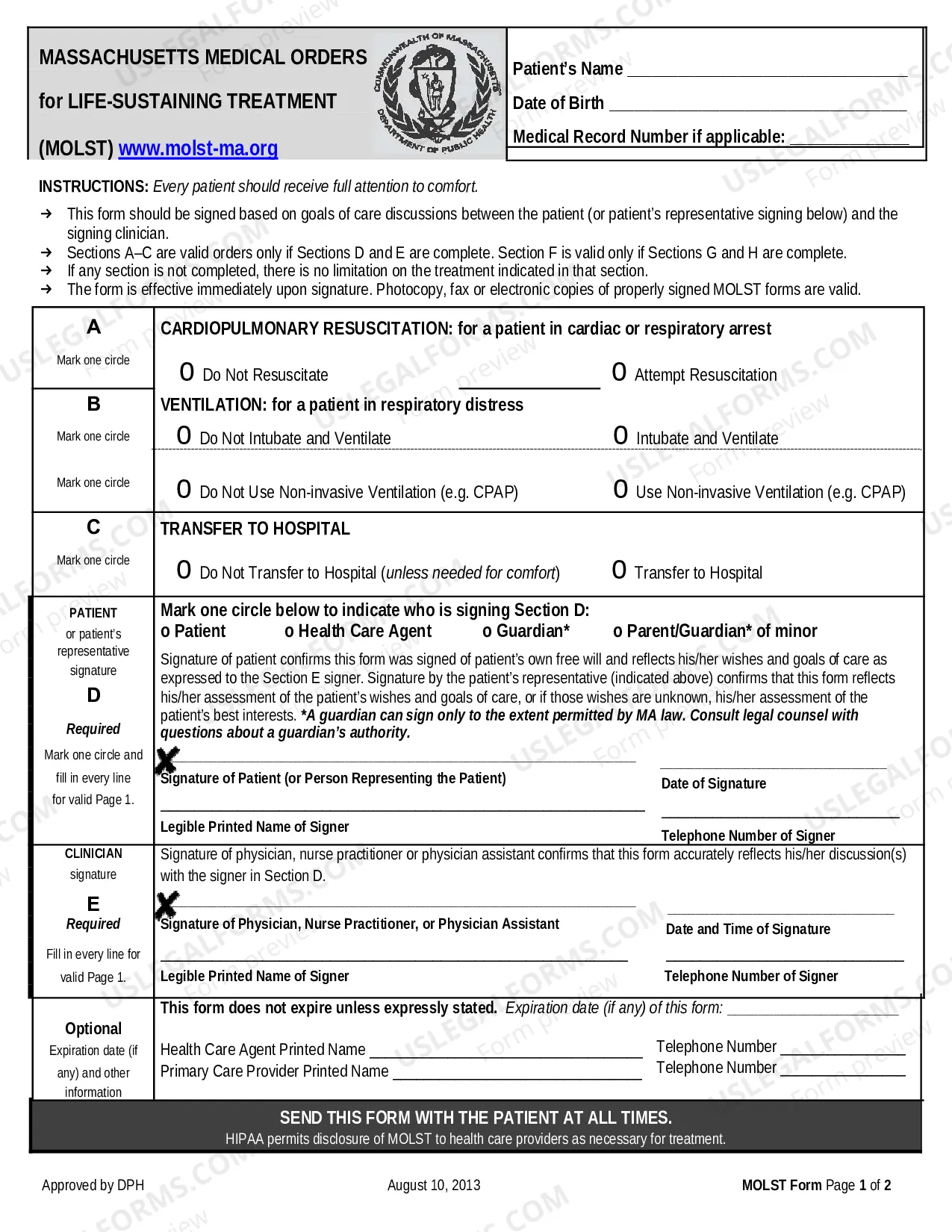 Preview Massachusetts Medical Orders for Life Sustaining Treatment