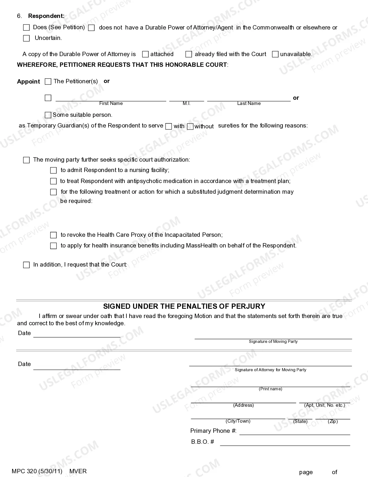 Preview Verified Motion For Appointment of Temporary Guardian For Adult