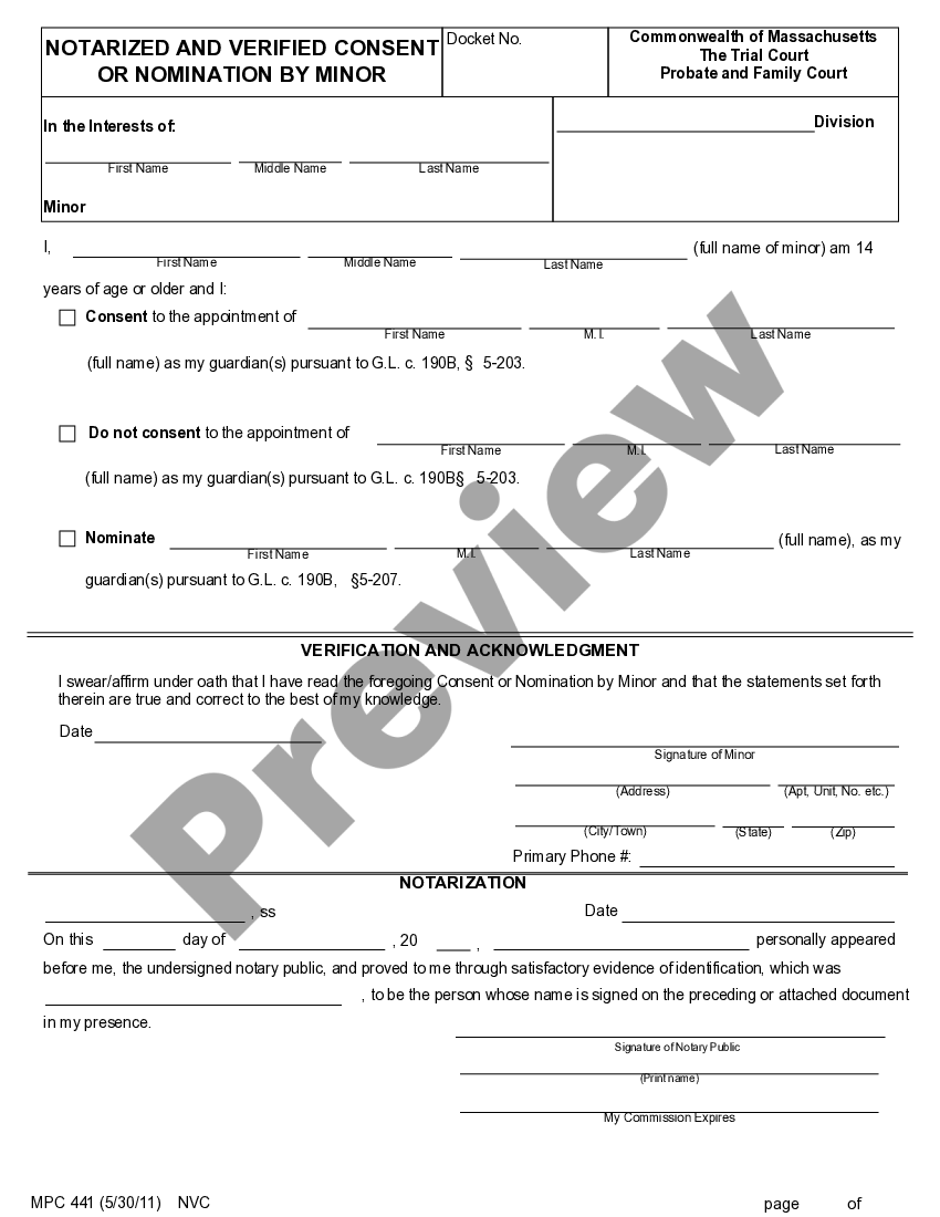 Massachusetts Notarized and Verified Consent or Nomination by Minor US Legal Forms