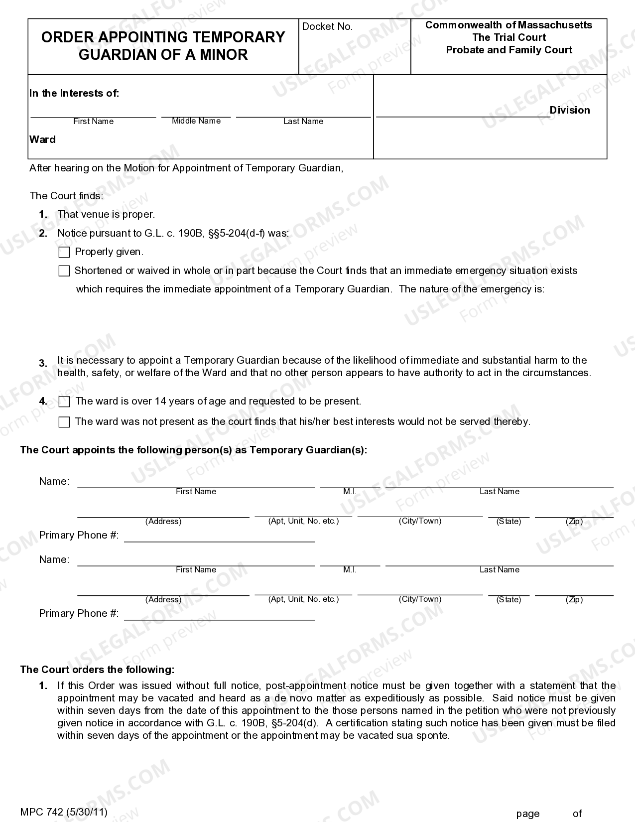Massachusetts Order Appointing Temporary Guardian for a Minor US