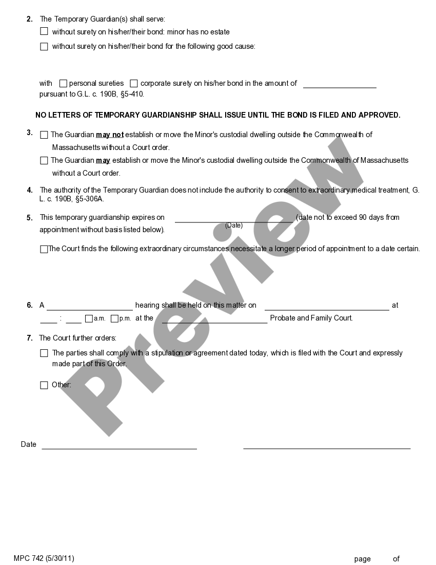 Massachusetts Order Appointing Temporary Guardian for a Minor US