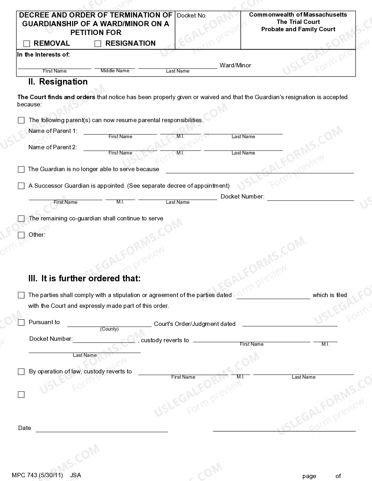 Preview Decree and Order for Termination/Resignation/Removal of Guardian of a Minor
