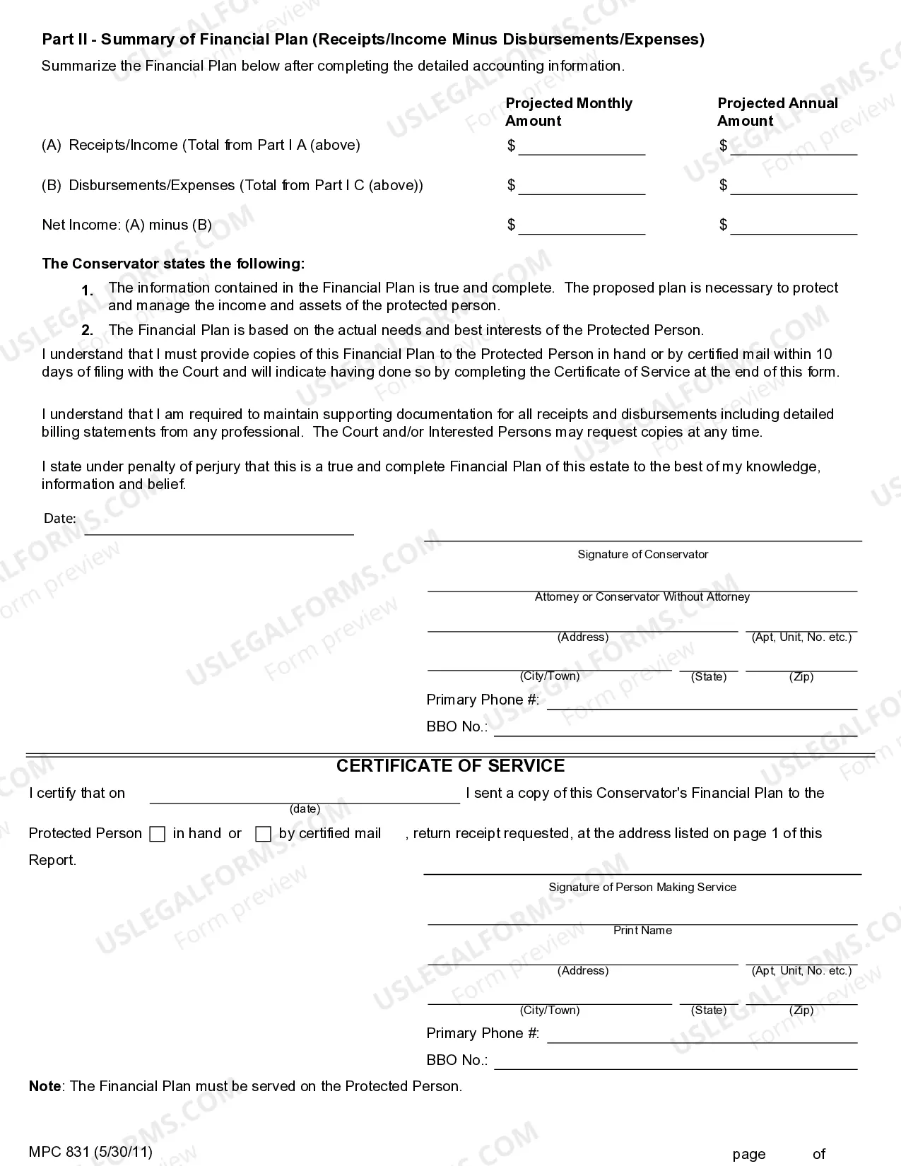 Preview Conservator's Financial Plan
