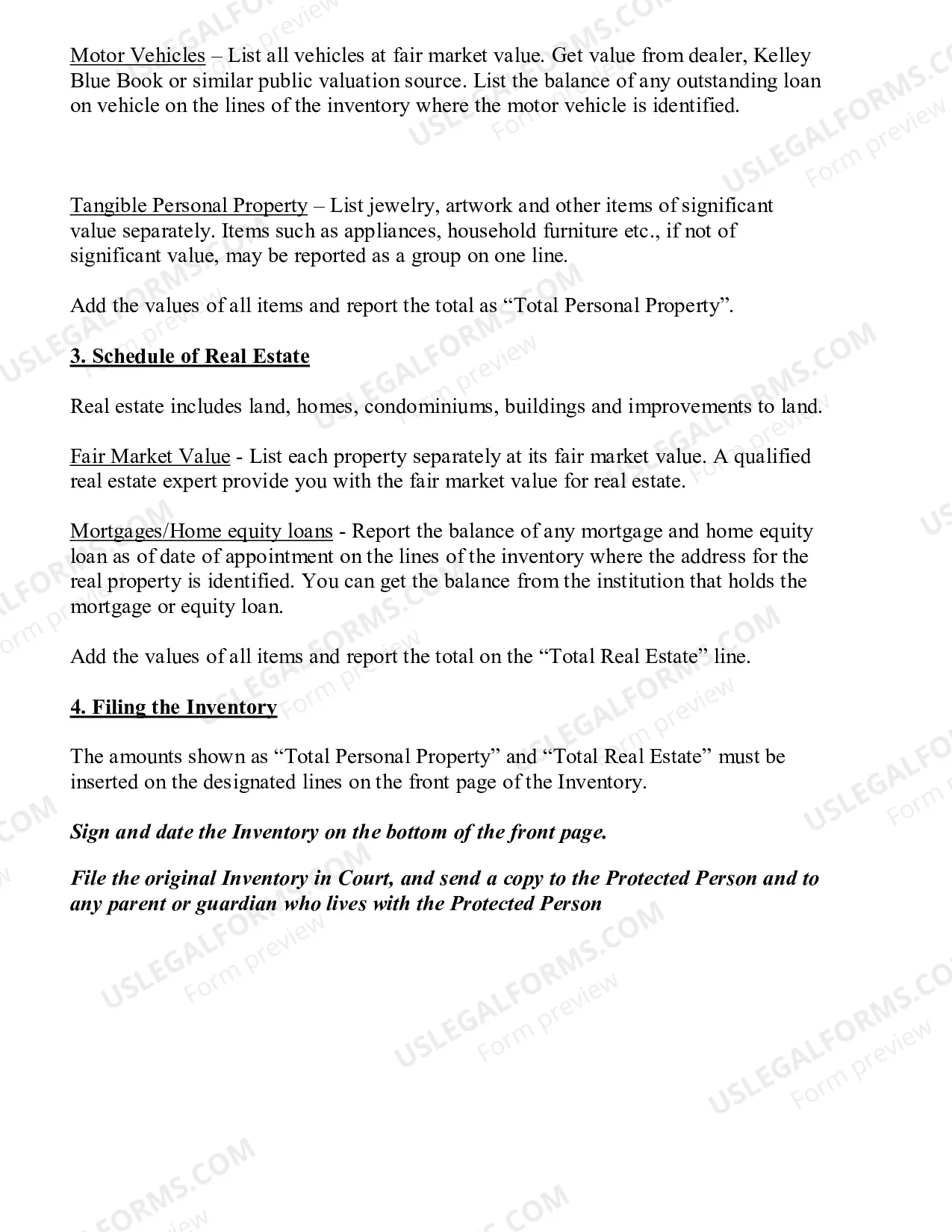 Preview Instructions for Completing Conservator's Inventory