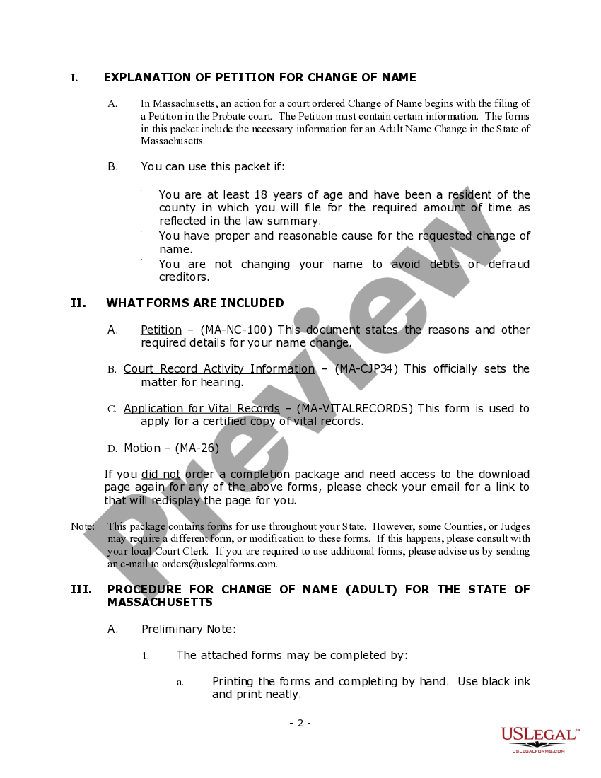 Massachusetts Name Change Instructions and Forms Package for an Adult