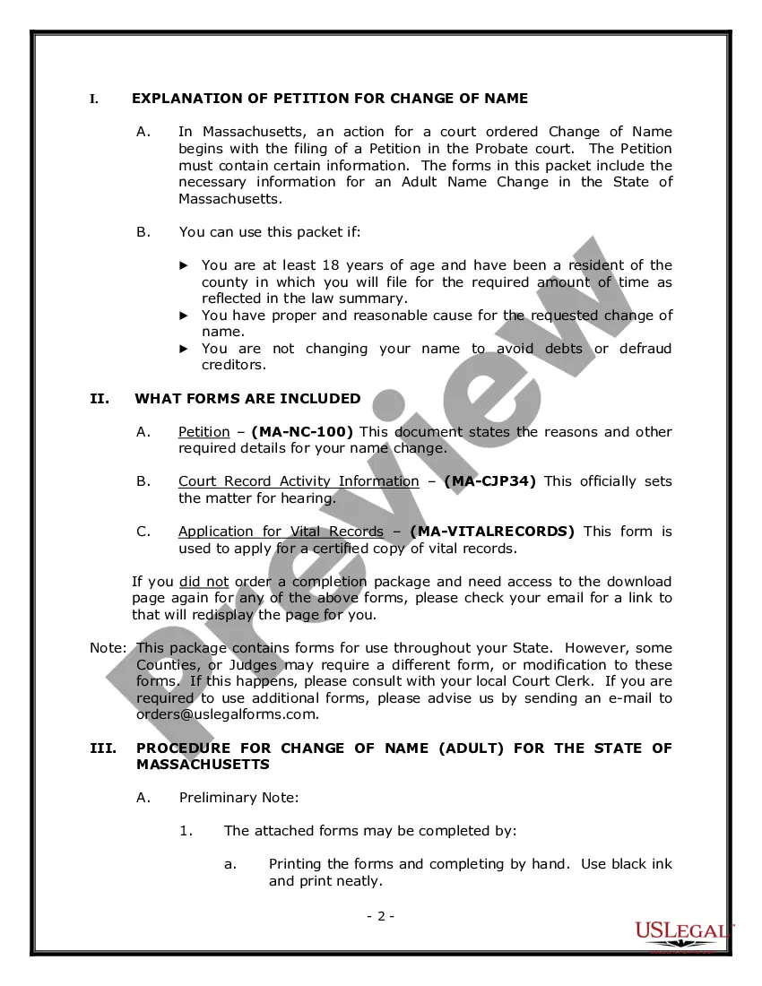 Preview Massachusetts Name Change Instructions and Forms Package for an Adult