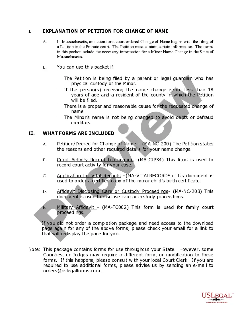 Preview Massachusetts Name Change Instructions and Forms Package for a Minor