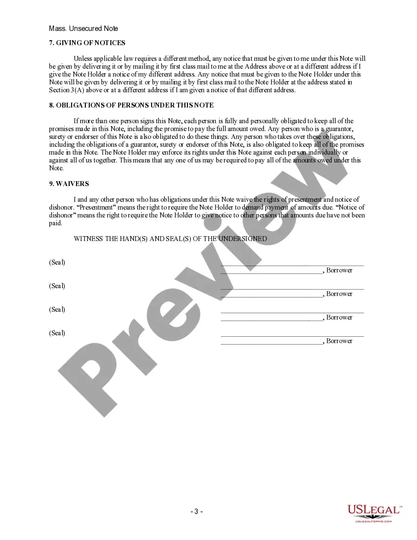 Preview Massachusetts Unsecured Installment Payment Promissory Note for Fixed Rate