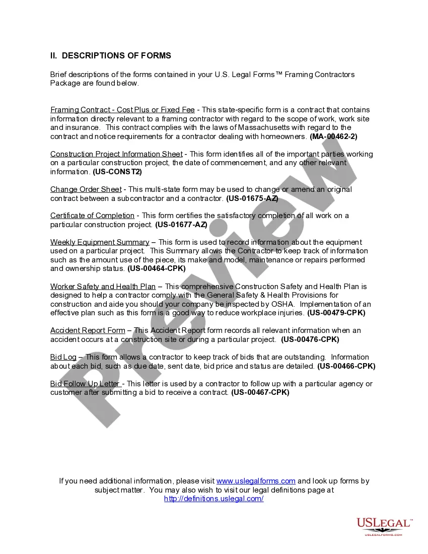 Get Massachusetts Framing Contractor Package Preview Massachusetts Framing Contractor Package
