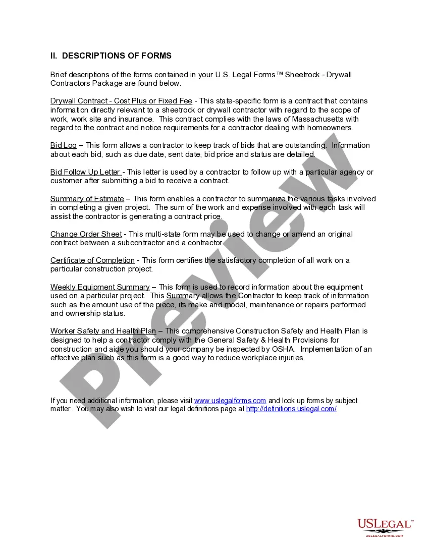 Preview Massachusetts Sheetrock Drywall Contractor Package