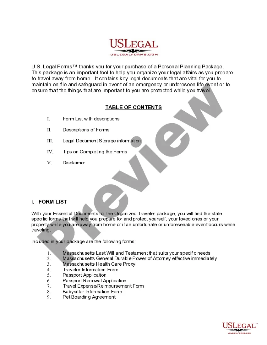 Preview Massachusetts Essential Documents for the Organized Traveler Package