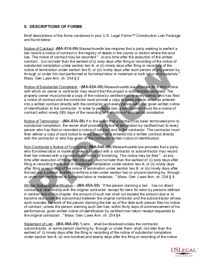 Preview Massachusetts Construction or Mechanics Lien Package - Corporation