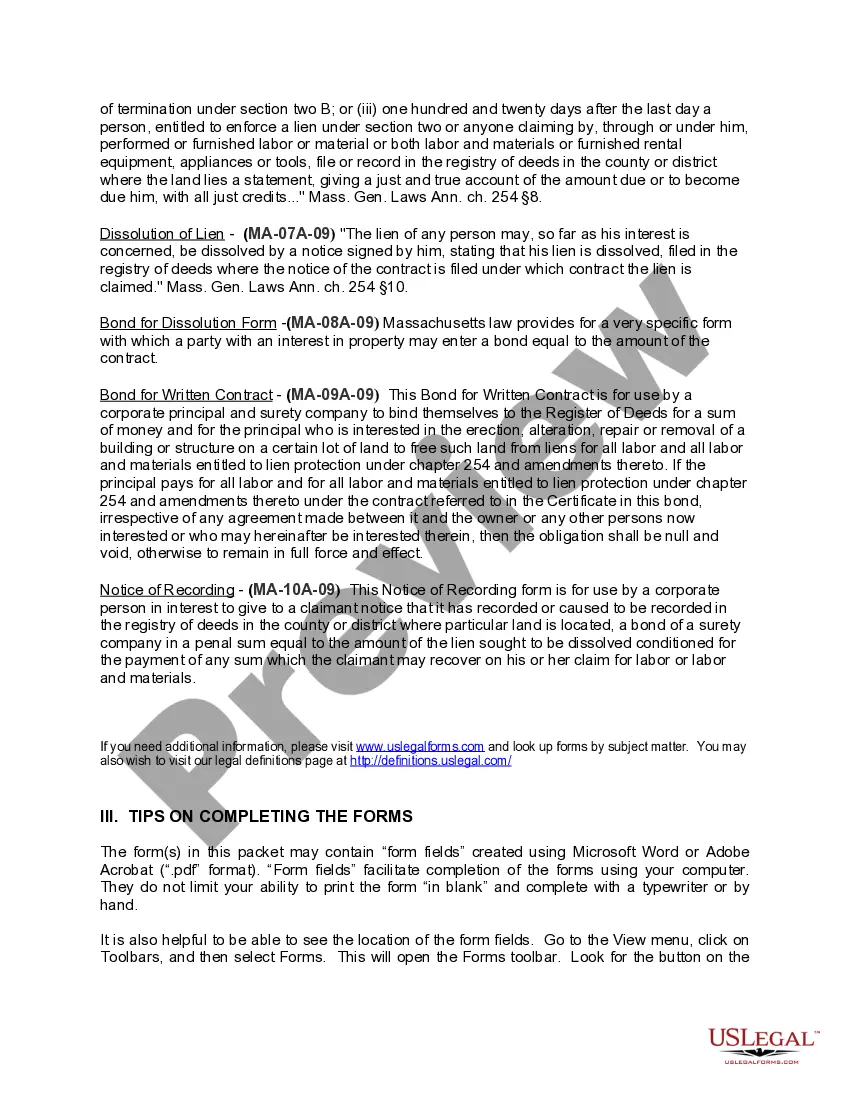 Preview Massachusetts Construction or Mechanics Lien Package - Corporation