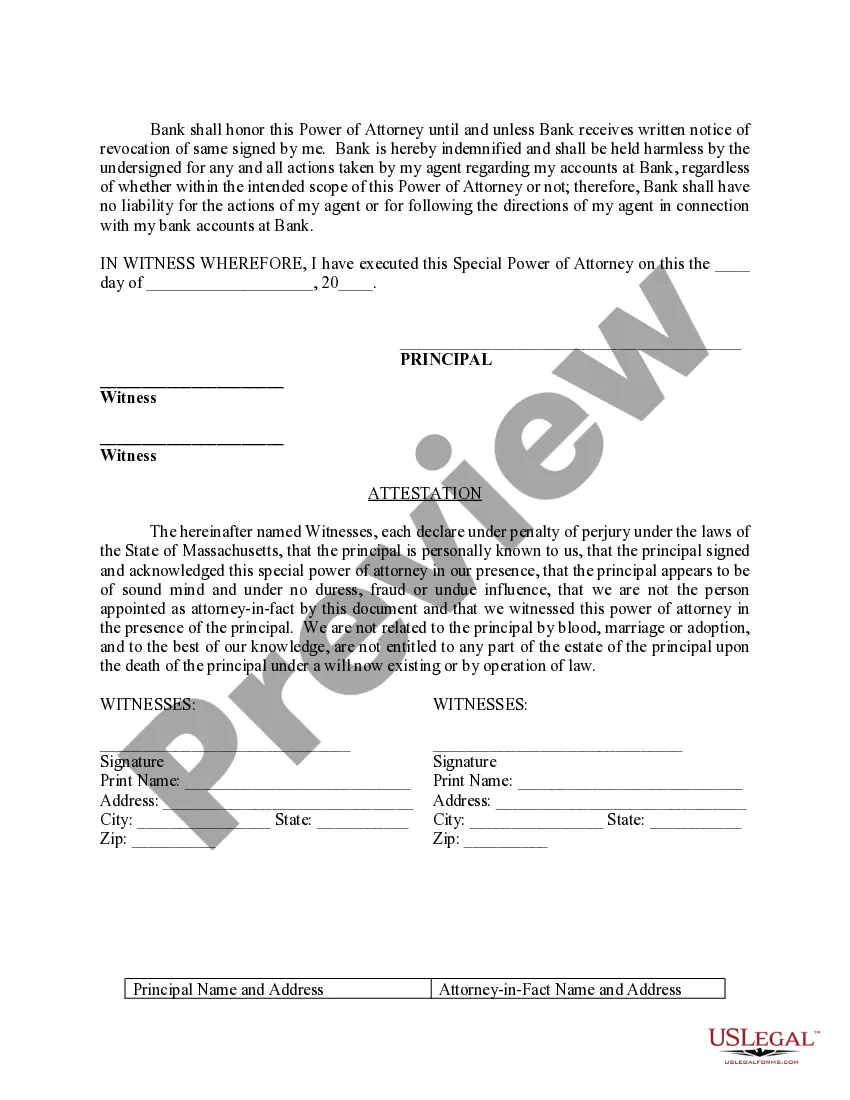 Preview Special Durable Power of Attorney for Bank Account Matters