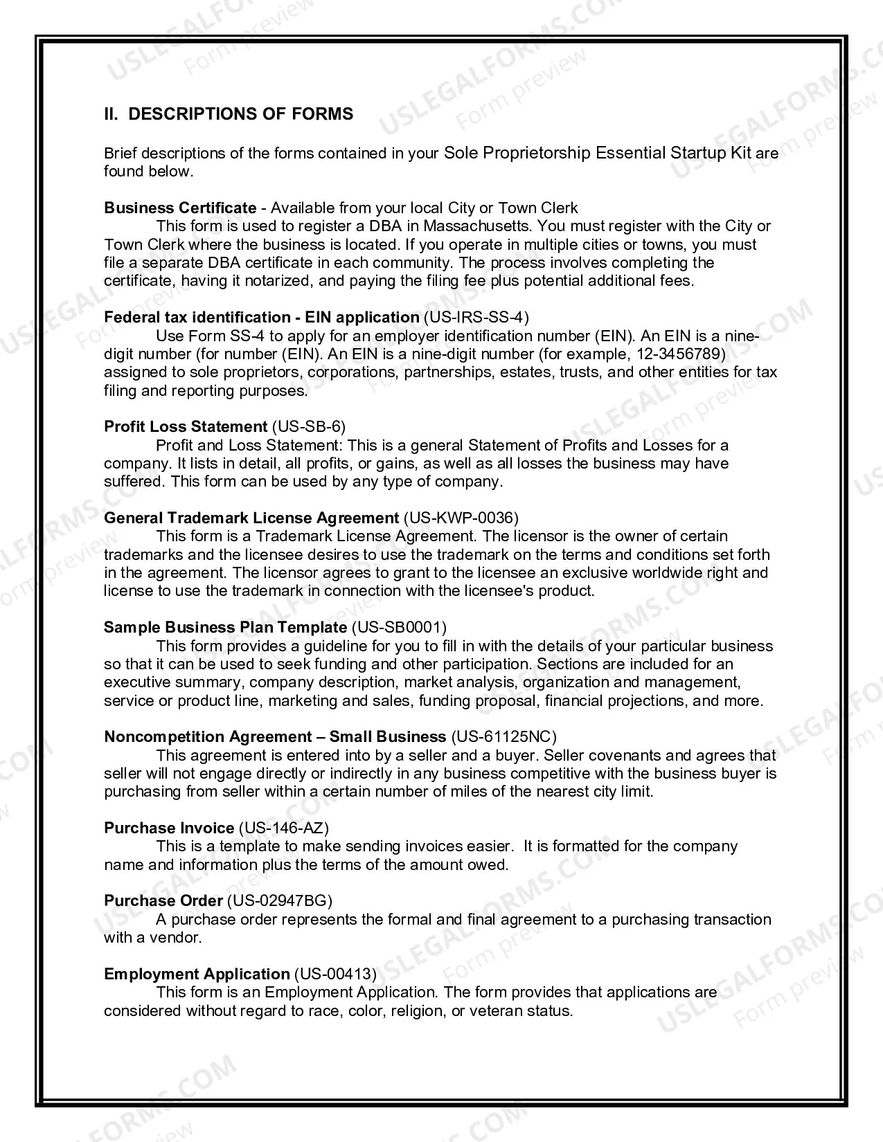Preview Massachusetts Sole Proprietorship Essential Startup Kit