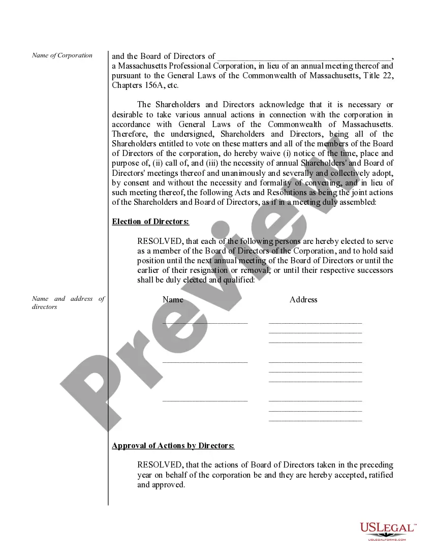 Preview Annual Minutes for a Massachusetts Professional Corporation