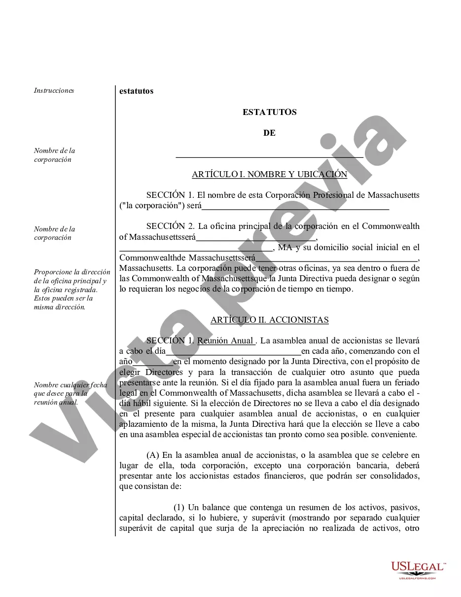 Preview Modelo de estatutos para una corporación profesional de Massachusetts