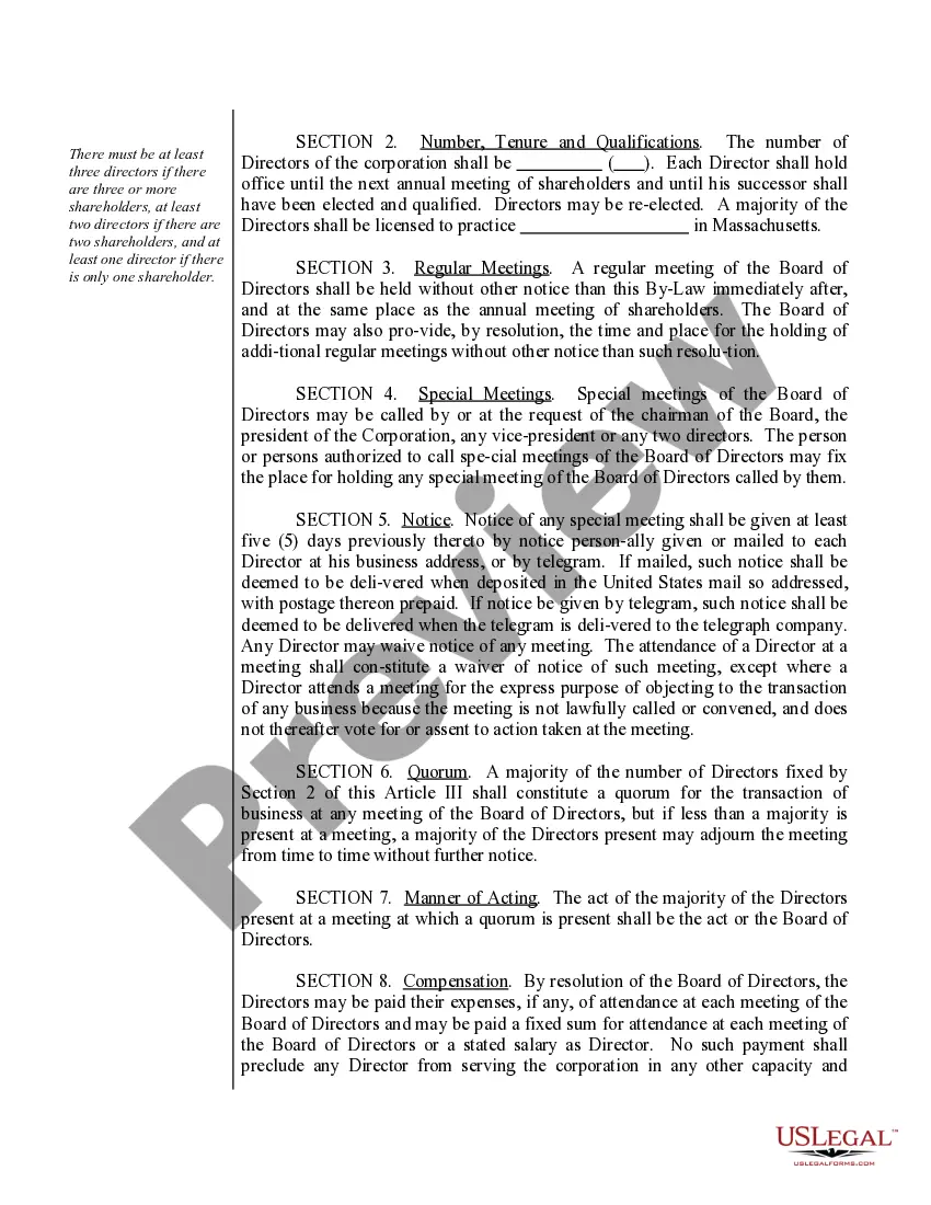 Preview Sample Bylaws for a Massachusetts Professional Corporation