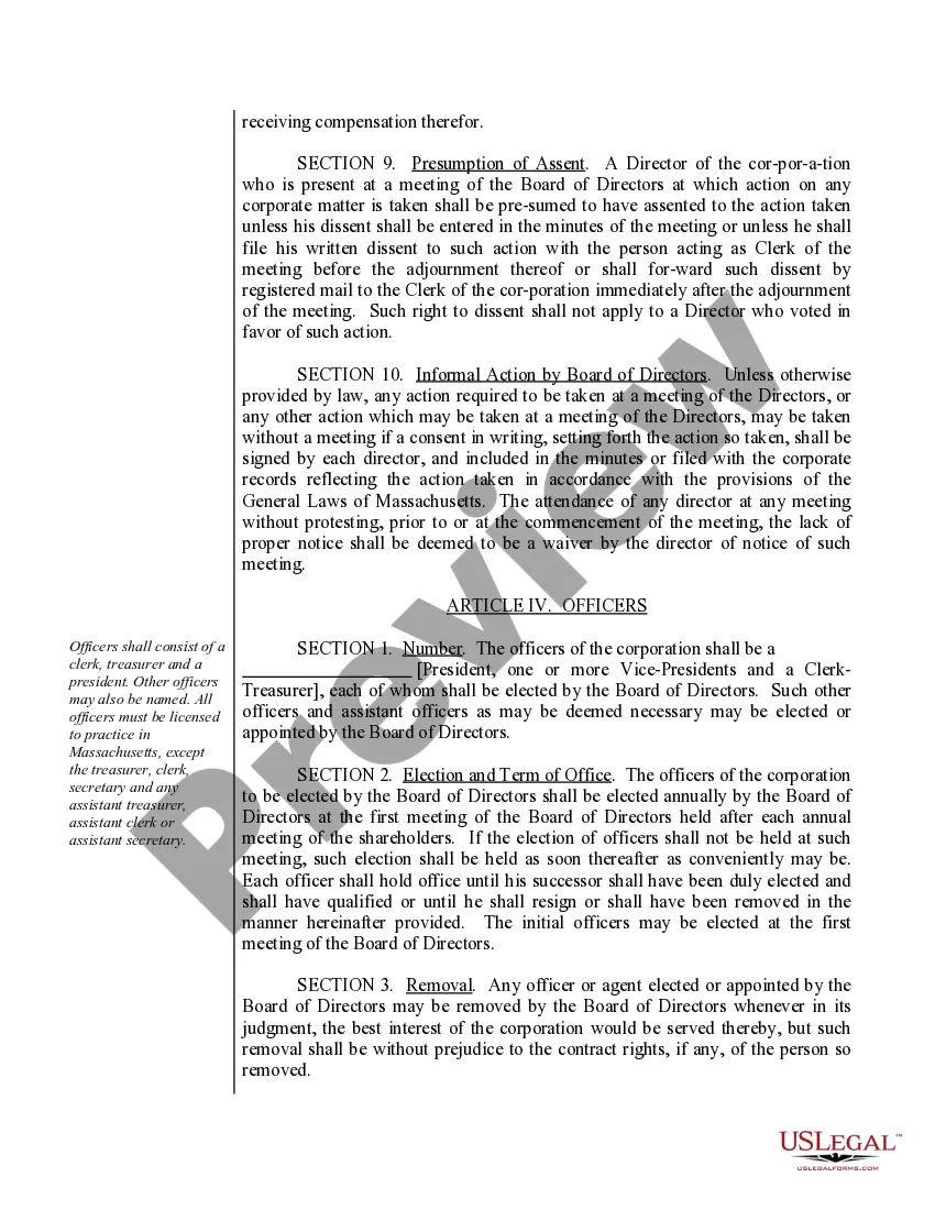 Preview Sample Bylaws for a Massachusetts Professional Corporation