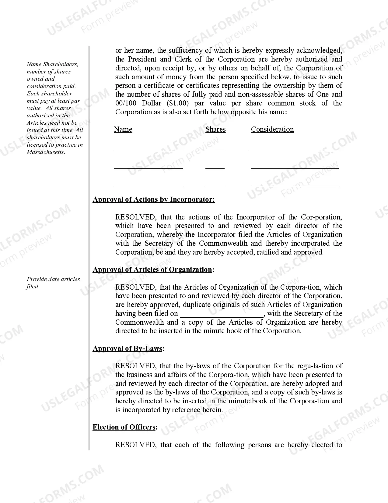 Preview Organizational Minutes for a Professional Corporation