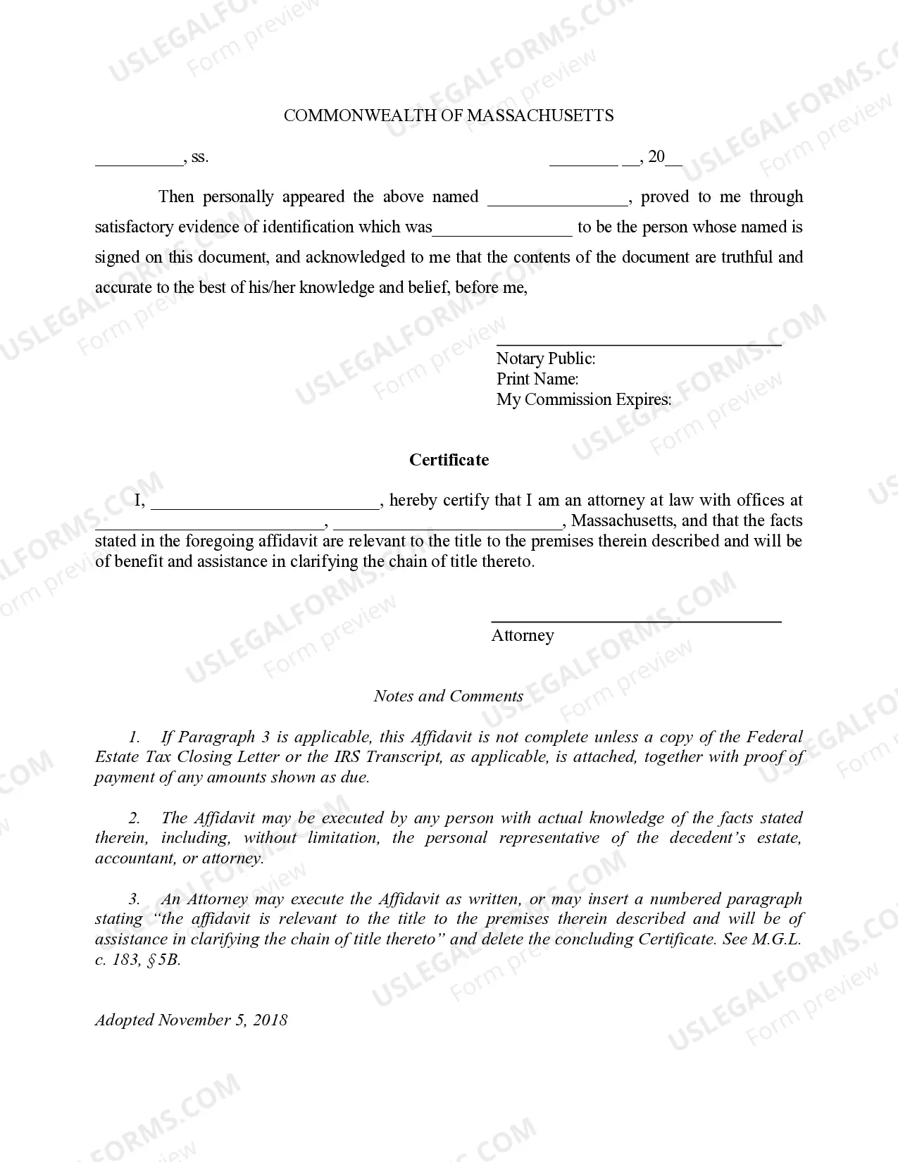 Preview Affidavit Regarding Federal Estate Taxes