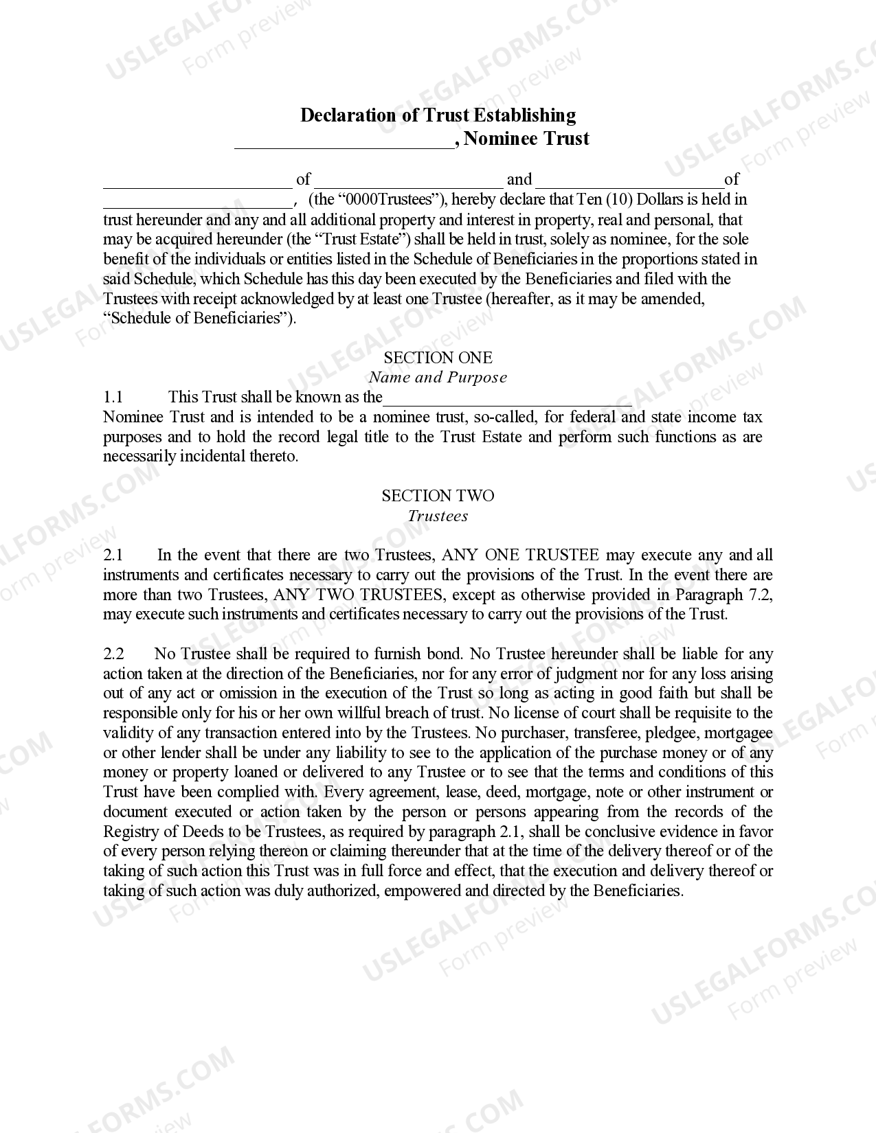 Massachusetts Declaration of Trust Establishing Nominee Trust | US ...