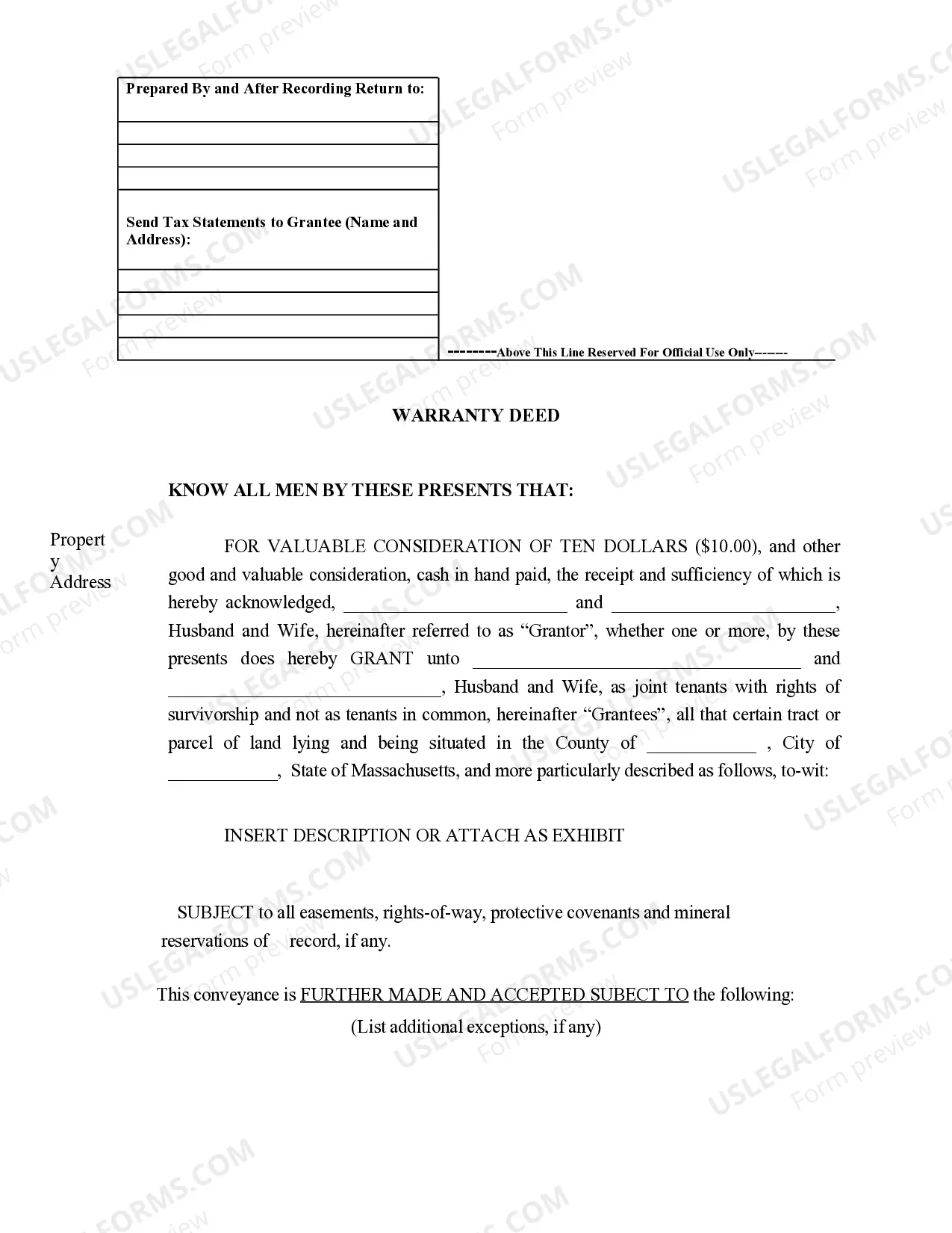 Preview Warranty Deed for Husband and Wife Converting Property from Tenants in Common to Joint Tenancy