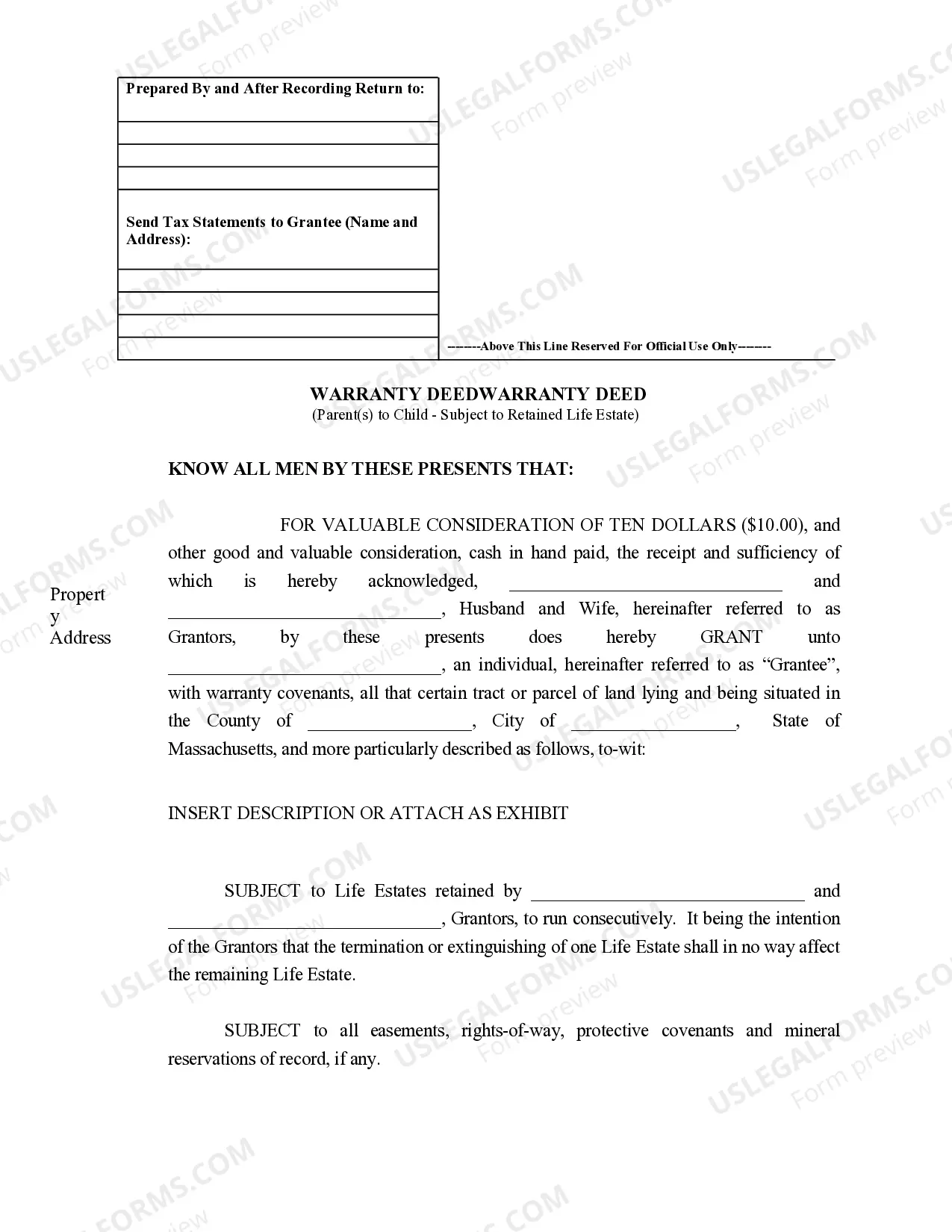 Preview Warranty Deed for Parents to Child with Reservation of Life Estate
