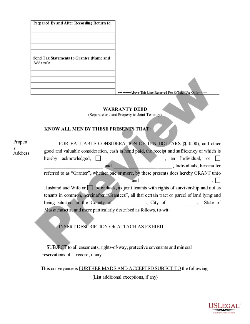 Preview Warranty Deed for Separate or Joint Property to Joint Tenancy