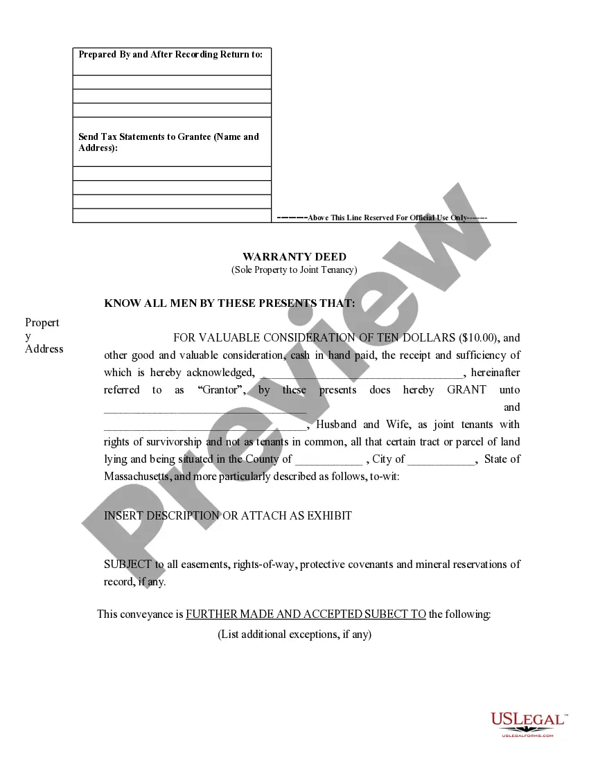 Get Warranty Deed to Separate Property of One Spouse to Both Spouses as Joint Tenants Preview Warranty Deed to Separate Property of One Spouse to Both Spouses as Joint Tenants