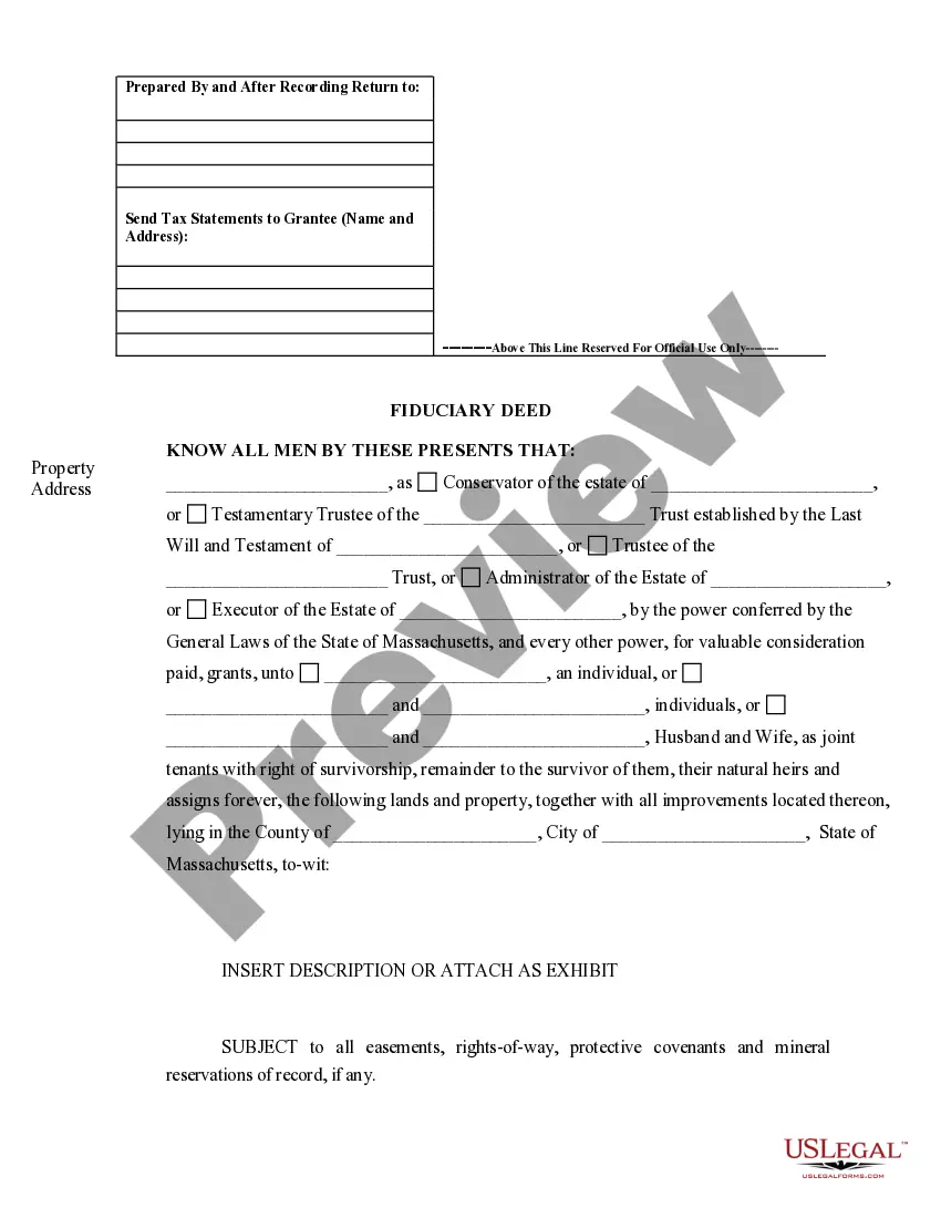 Get Fiduciary Deed for use by Executors, Trustees, Trustors, Administrators and other Fiduciaries Preview Fiduciary Deed for use by Executors, Trustees, Trustors, Administrators and other Fiduciaries