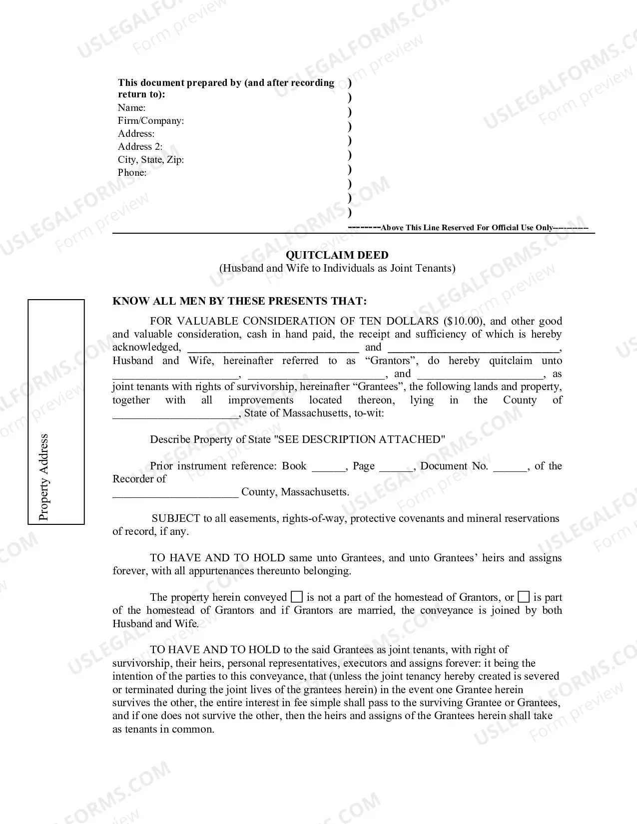 Preview Quitclaim Deed from Husband and Wife to Three Individuals as Joint Tenants