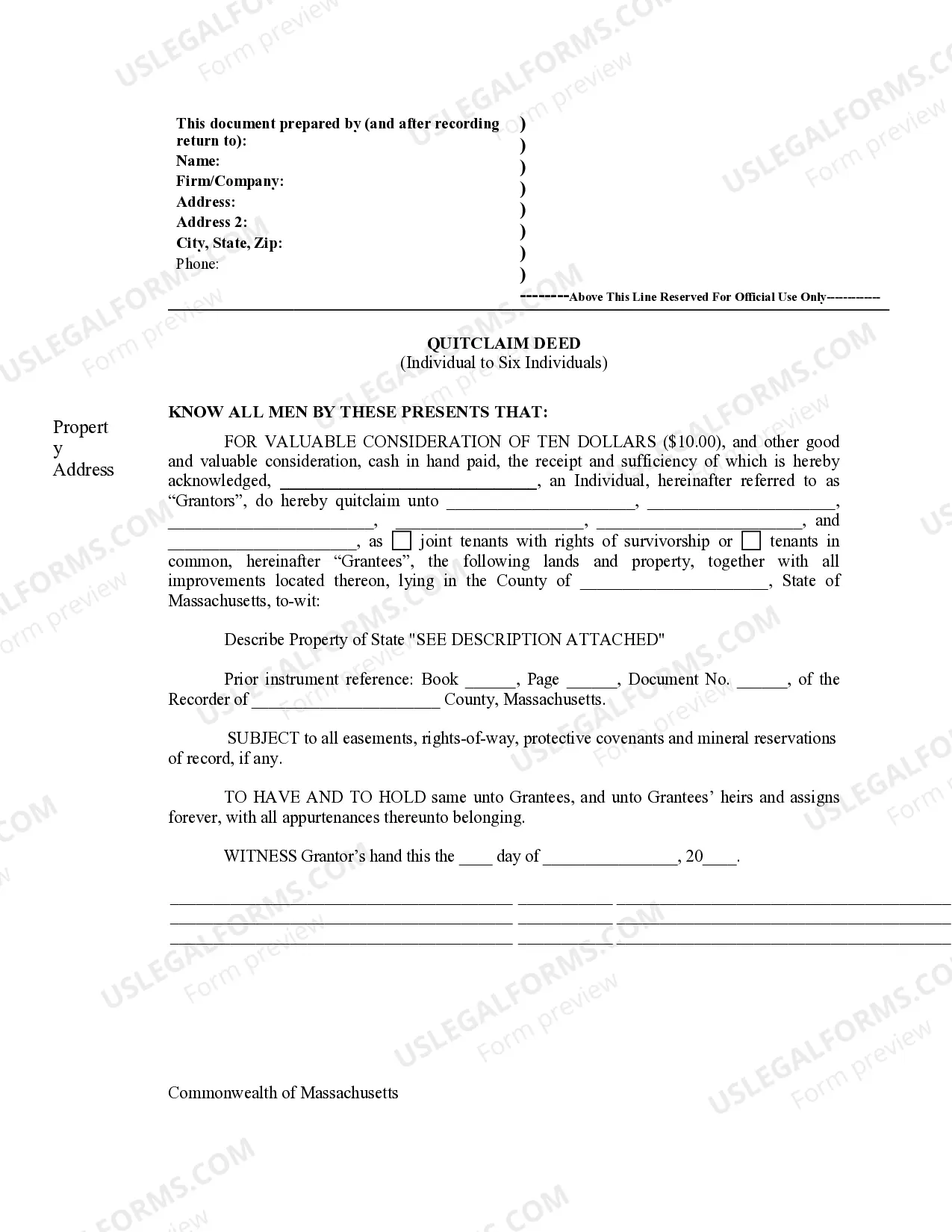 Preview Quitclaim Deed from one Individual to Six Individuals